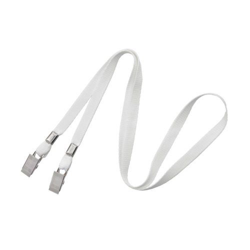 White 3/8" Flat Open Ended Lanyard with Two Bulldog Clips - 100pk Image 1