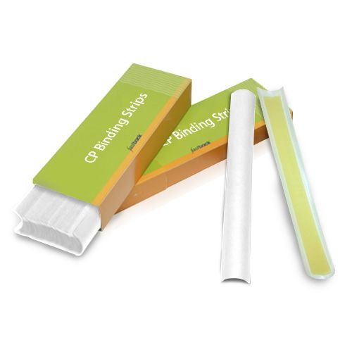 A box of White 8" Narrow Powis Parker Fastback CP Strips is displayed, with some strips partially removed to reveal their smooth white exterior and adhesive-coated interior designed for secure document binding.