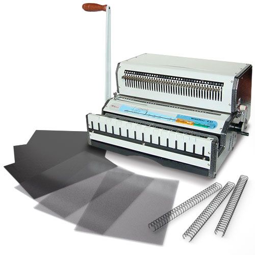 Akiles WireMac Professional 3:1 Wire Binding Starter Kit, featuring a heavy-duty binding machine with a wooden handle, black binding covers, and silver wire spines for professional document finishing.