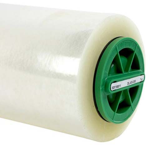 Xyron 2500 Two Sided Standard Laminate Roll Set 300' featuring a clear, durable roll with a green core for efficient lamination.