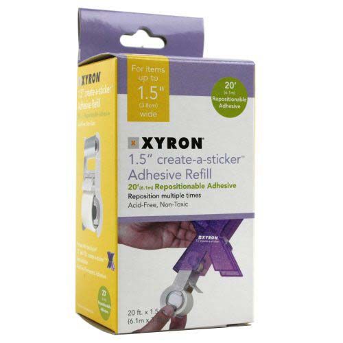 Xyron Create-A-Sticker 150 Repositionable Refill Cartridge, 1.5-inch wide, shown in packaging for adhesive crafting projects.
