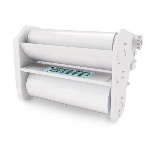 A Xyron Create-A-Sticker 500 Repositionable Refill Cartridge with two rolls of adhesive material in a white plastic housing.

