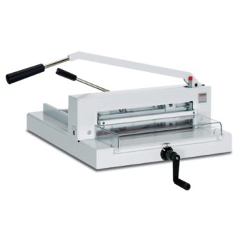 A Triumph 4305 16.875" Tabletop Manual Paper Cutter, featuring a long handle for manual operation and a precision cutting mechanism with a crank handle.