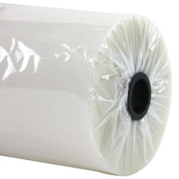 A close-up of a 10 Mil Standard Roll Laminating Film with a clear, glossy surface and black core.