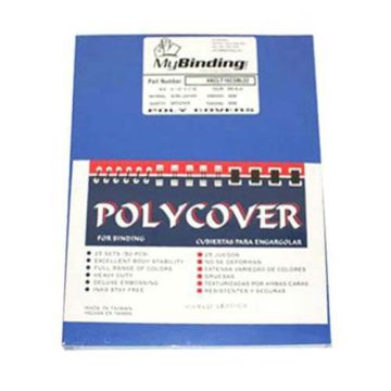 A pack of 16mil Blue Leather Grain Poly Covers for binding, featuring a blue cover with a MyBinding label at the top.