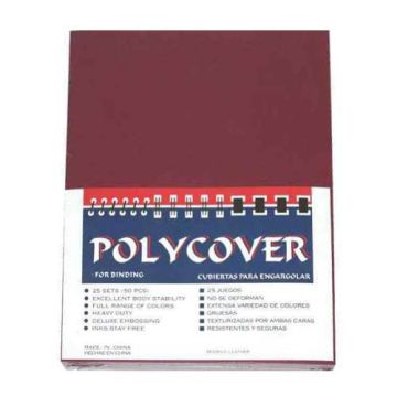 A pack of 16mil Maroon Leather Grain Poly Covers for binding, featuring text in both English and Spanish on the packaging.