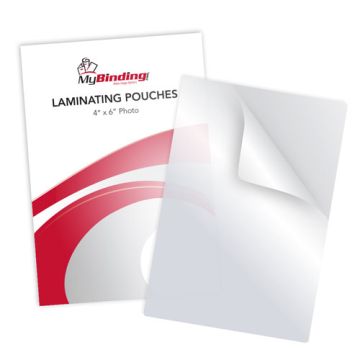 Clear 4" x 6" Photo Card Laminating Pouches next to packaging with red and white design.