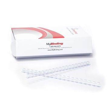 Clear Plastic Binding Combs next to a MyBinding packaging box, ideal for organizing and binding documents.