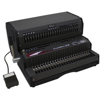 The Akiles CombMac-EX Electric Comb Binding Machine, a professional-grade binding machine with a sleek black design, featuring a durable metal construction, an electric punching system, and a foot pedal for hands-free operation.