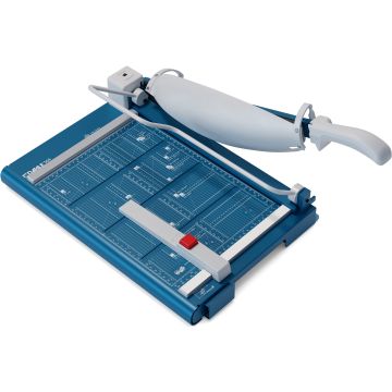 The Dahle 564 Premium 14 Inch Guillotine Cutter With Laser, featuring a blue base with measurement guides and a large ergonomic handle for precise cutting.