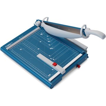 A Dahle 565 Premium 15 Inch Heavy Duty Guillotine Cutter with a blue grid cutting surface and a sharp blade for precise paper trimming.