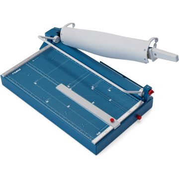 A Dahle 567 Premium 21 Inch Heavy Duty Guillotine Cutter featuring a blue base with precise measurement markings and a long cutting arm for efficient, accurate cuts.