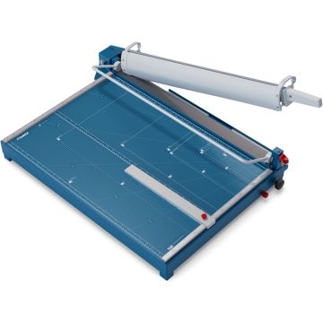 Shows a Dahle 569 Premium 27 Inch Heavy Duty Guillotine Cutter with a blue cutting surface, metal blade, and adjustable guide for precise paper trimming.