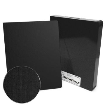 Black 8.75" x 11.25" Linen Binding Covers shown with a textured close-up view, packaged in a 100-pack box.