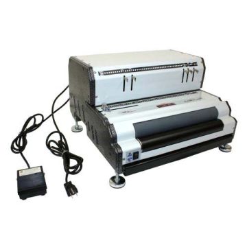 The Akiles CoilMac EPI Heavy Duty Electric Coil Punch & Inserter, featuring a robust metal design with an attached foot pedal and power cord for efficient coil binding tasks