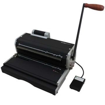 An Akiles CoilMac ER+ Plus Oval Hole Coil Binding Machine with a manual lever and foot pedal.