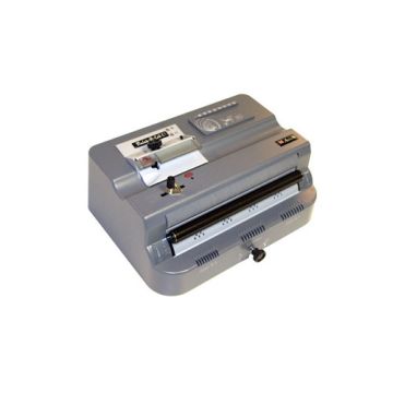The Akiles Finish @ Coil E1 Electric Coil Inserter, a heavy-duty, grey-colored machine used for binding documents with spiral coils. It features a user-friendly design with control buttons and a built-in coil inserter mechanism for efficient operation.