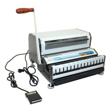 The Akiles WireMac E 2:1 Electric Wire Binding Machine, featuring a manual lever and an electric foot pedal, designed for efficient wire binding tasks in an office setting.