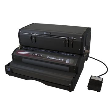 The Akiles CoilMac-EX 4:1 Round Hole Electric Coil Binding Machine, showing its sleek black design with foot pedal and control buttons.