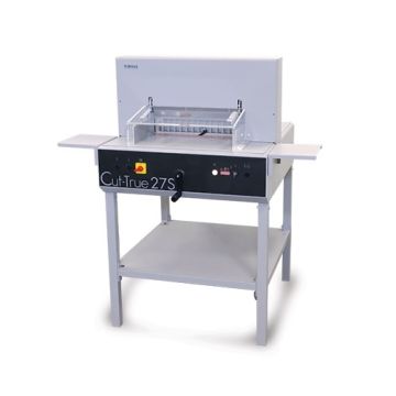 Front view of the Formax Cut-True 27S 19" Semi-Automatic Electric Paper Cutter with safety shield and adjustable guides.