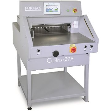 A Formax Cut-True 29A 20.5" Electric Programmable Guillotine Cutter, featuring a touchscreen interface and safety features for precise cutting tasks.