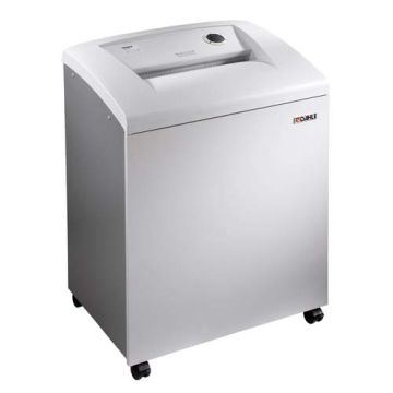 A Dahle 40606 Level P-2 Strip Cut Department Paper Shredder on wheels, featuring a sleek white design for high-capacity shredding in office settings.