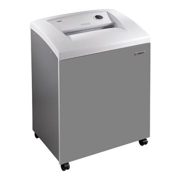 A Dahle 50564 Level P-4 Oil-Free Cross-Cut Department Paper Shredder with a sleek gray design and caster wheels for easy mobility.