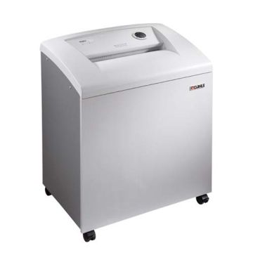 The Dahle CleanTEC 41534 Level P-7 Cross Cut High Security Paper Shredder, a sleek, white, high-security shredding machine on caster wheels.