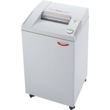 A white Destroyit 3104 Level P-2 Strip-cut Shredder with a compact design, mounted on caster wheels for easy mobility.