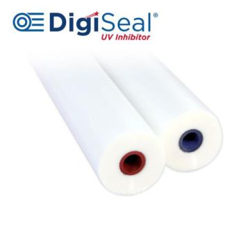 Two rolls of DigiSeal UV 3 mil Roll Laminating Film with red and blue cores for protective lamination.