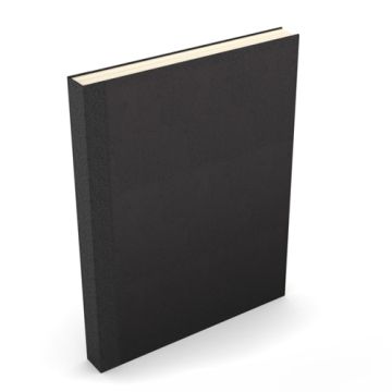 A black hardcover book with a smooth, minimalist design, standing upright at an angle, resembling a Fastback Easyback 8.5" x 11" Black Composition Hardcovers.