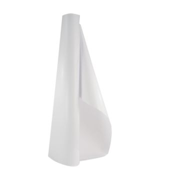 A roll of Interlam Pro Emerytex UV 5mil PS Laminating Film partially unrolled, showing its glossy and flexible texture.