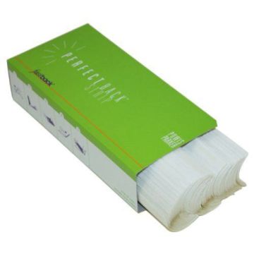 A green box containing white Fastback Perfectback Lay Flat Strips is partially open, revealing neatly stacked binding strips.