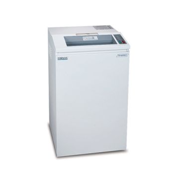 A white Formax OnSite FD 8402CC Cross-Cut Paper Shredder with a compact design and user-friendly control panel.