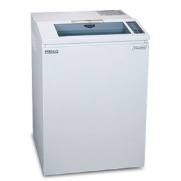 A Formax OnSite FD 8602cc Cross-Cut Paper Shredder, featuring a compact white design with a top-loading feed and digital control panel.