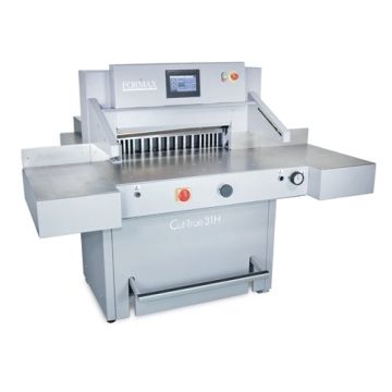 A Formax Cut-True 31H 28" Hydraulic Guillotine Cutter, showing its stainless steel surface, digital display, and cutting blades.