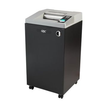 A black and gray GBC CHS10-30 TAA Compliant 10-Sheet Level P-7 High-Security Commercial Shredder designed for professional use, shown on caster wheels.