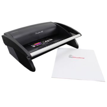 A GBC / Swingline CombBind C12 Comb Binding Machine, featuring its sleek black design and a stack of paper ready for binding.