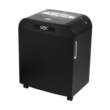 Angled view of the GBC DM11-13 Jam-Free 11-Sheet Level P-5 Micro-Cut Paper Shredder, featuring a compact black design with easy mobility.