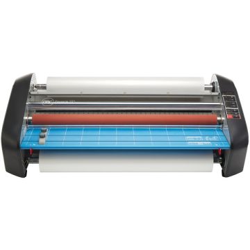 A GBC Pinnacle 27 Standard 27" School Thermal Roll Laminator, featuring a sleek design with dual rollers and a blue cutting mat surface.