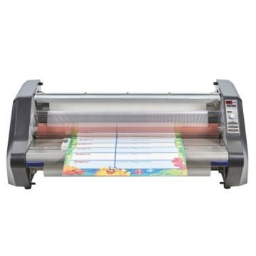 A GBC Ultima 65 EZload 27 Inch School Roll Laminator in use, laminating a colorful sheet of paper.