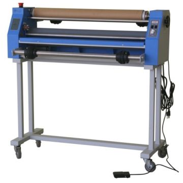 A GFP 230C 30" Cold Roll Laminator with a blue and silver frame, adjustable rollers, and caster wheels for mobility.
