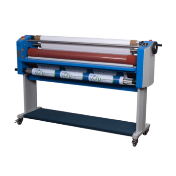 Shows a GFP 355TH 55" Top Heat Wide Format Laminator with rollers and a sturdy blue and white frame designed for laminating large materials.