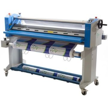 The GFP 563TH-4RS 63" Top Heat Wide Format Laminator with Slitter/Rewind Motor and Swing Out Shafts, used for professional lamination.