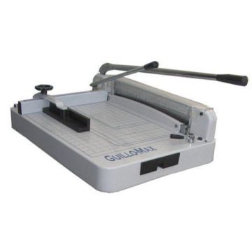 Guillo-Max 17" Guillotine Stack Paper Cutter with a metal cutting arm and grid base for precise paper trimming.