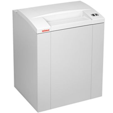 A white Intimus 175 CP5 Micro Cut Paper Shredder with a sleek design, featuring a control panel and a side-mounted waste collection system.
