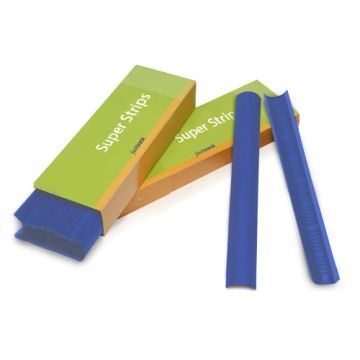 Blue Lapis 11" Fastback Super Strips displayed next to their green and yellow packaging, showcasing their textured design and curved edges.