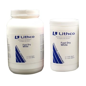 Two containers of Lithco Fast Drying White Padding Compound in quart and gallon sizes.