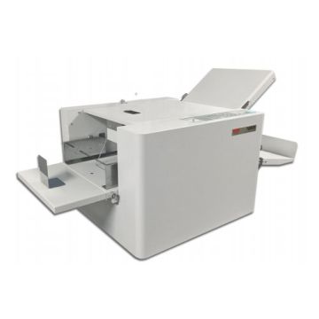 MBM 1800S Automatic Programmable Air Feed Tabletop Paper Folder with open trays, showcasing its compact design and high-efficiency paper folding mechanism.