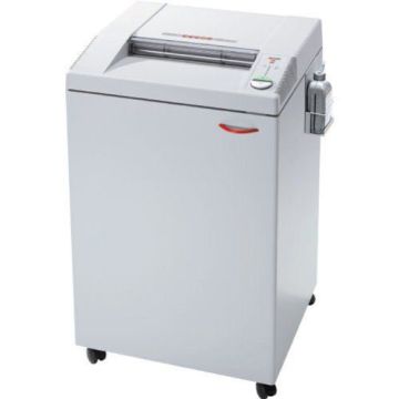 A high-security MBM Destroyit 4005 Cross-Cut Paper Shredder with a sleek design, mounted on casters for mobility.